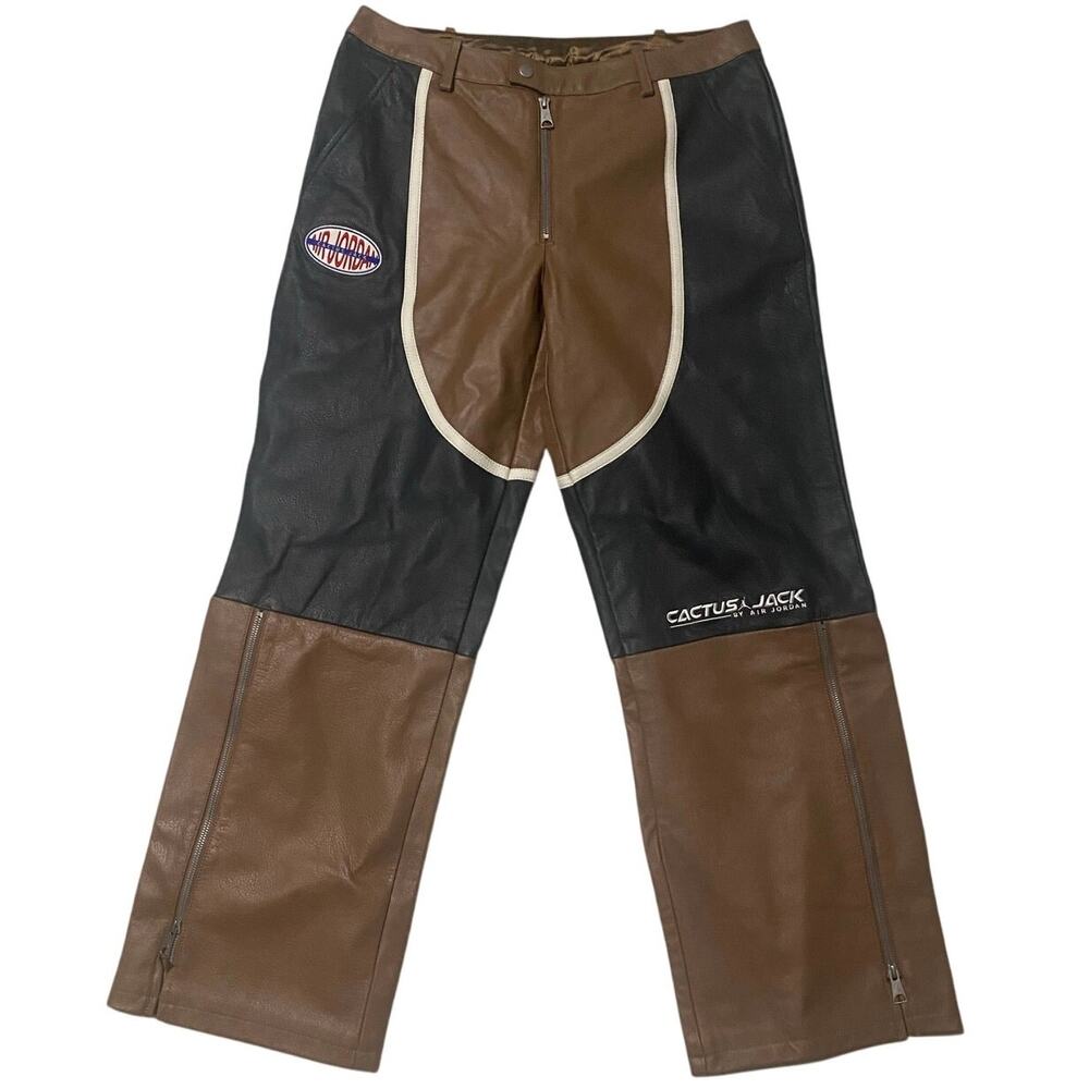 Air Jordan x Travis Scott Cactus Jack Brown/Black Cow Leather Moto Pants / 32x28